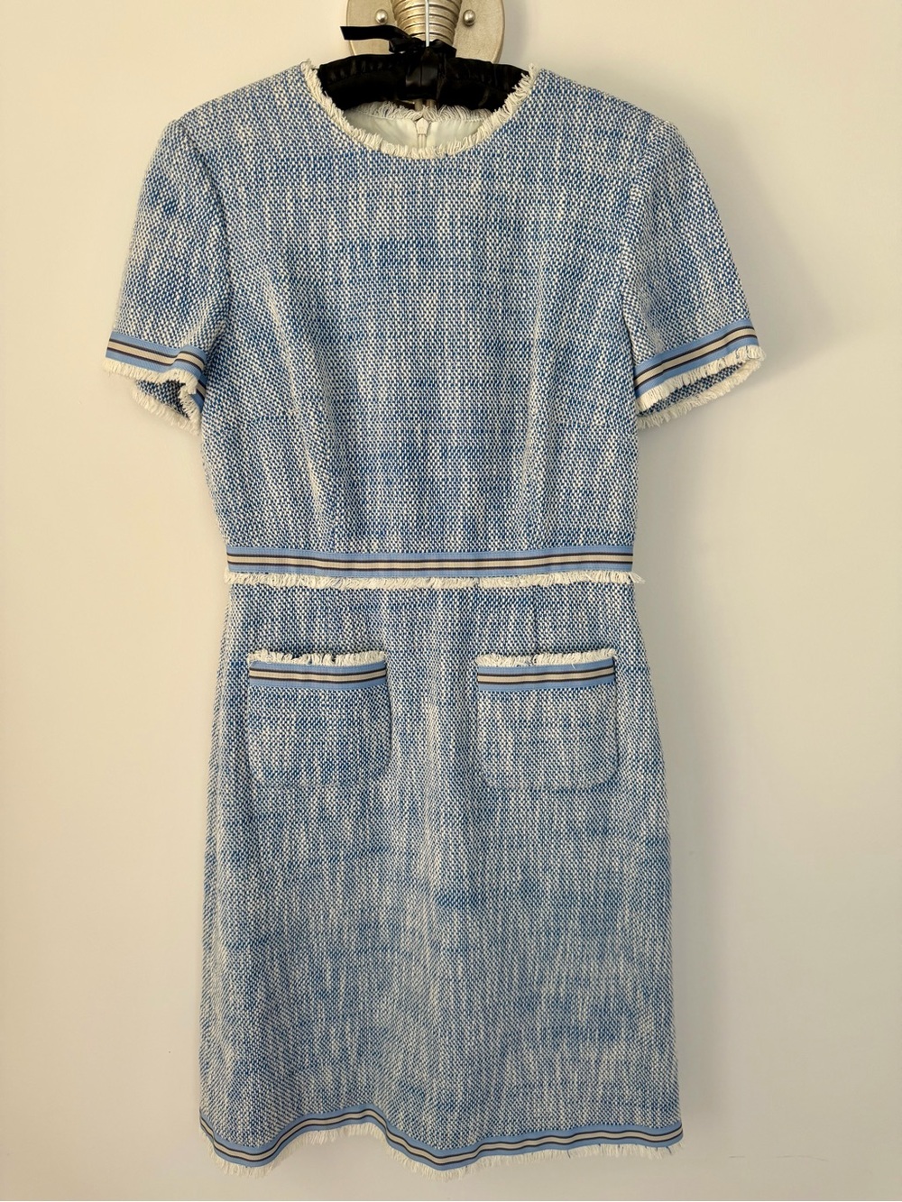 LK Bennett Light Blue Tweed Short-Sleeve Shift Dress with Fringe